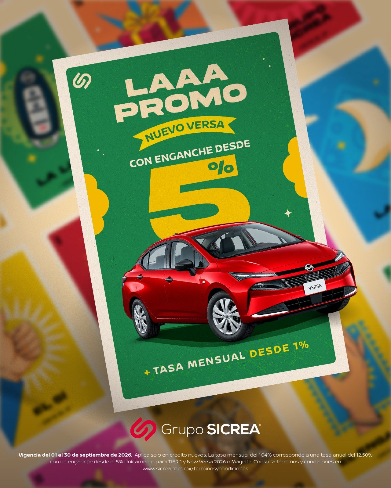 Promoción SICREA en el nuevo Nissan Versa: enganche desde 5%. Vigencia del 1 al 30 de septiembre de 2026.