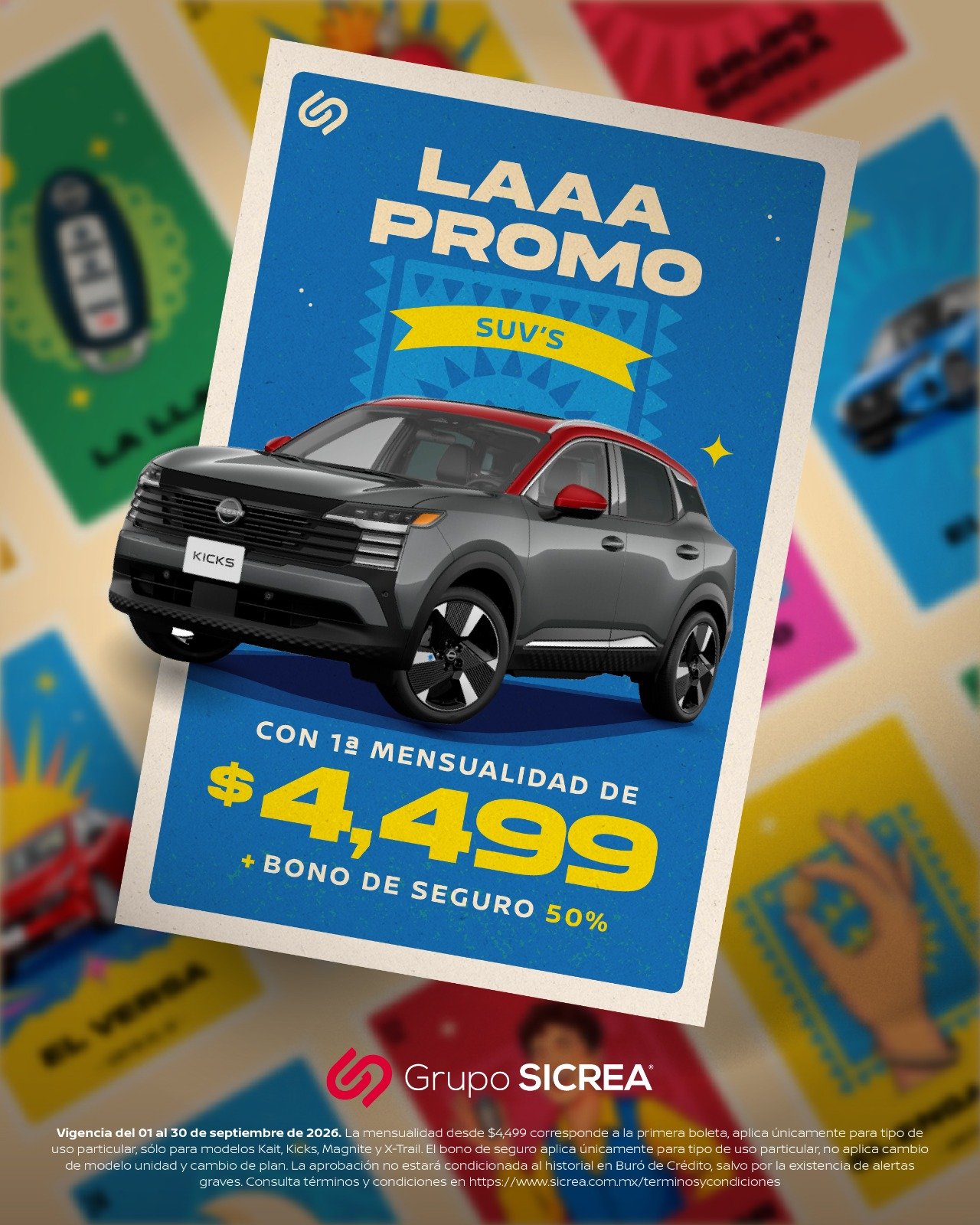 Promoción SICREA en SUV: Nissan Kicks con primera mensualidad de $4,499 y bono de seguro del 50%. Vigencia del 1 al 30 de septiembre de 2026.