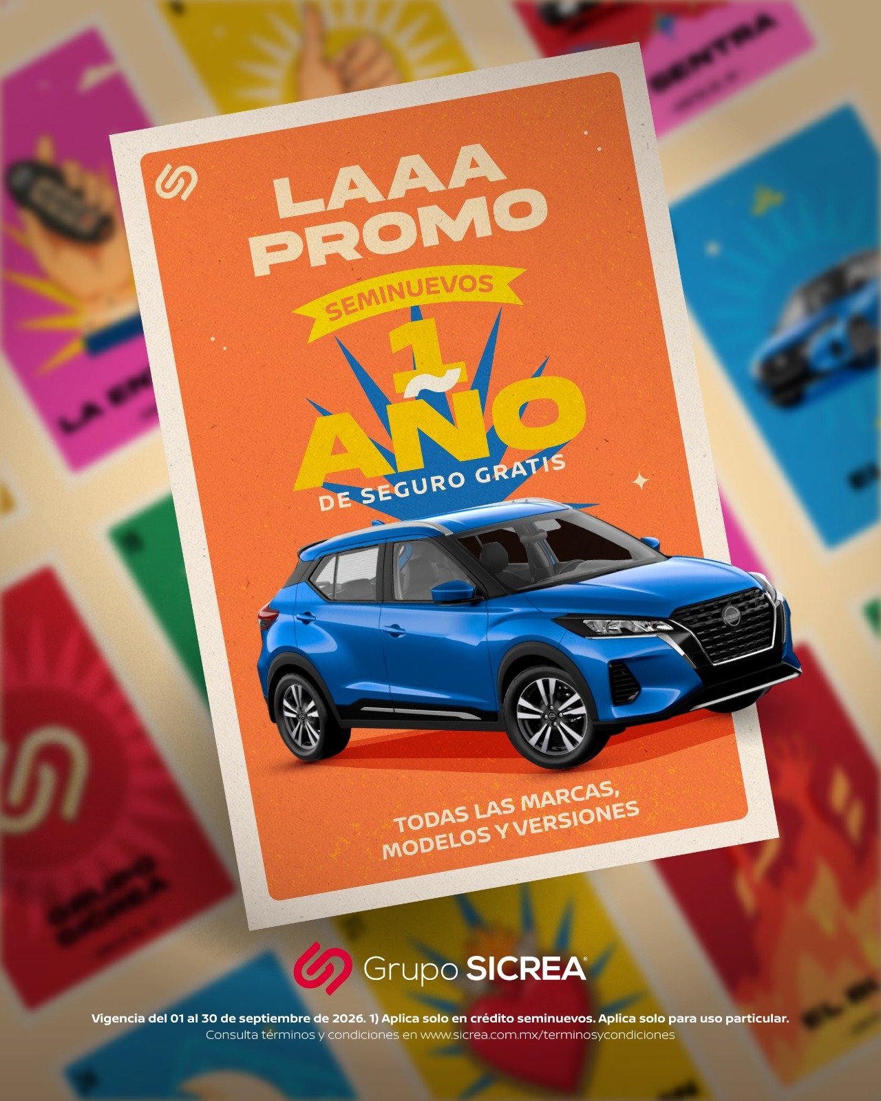 Promoción SICREA en seminuevos: 1 año de seguro gratis, todas las marcas, modelos y versiones. Vigencia del 1 al 30 de septiembre de 2026.