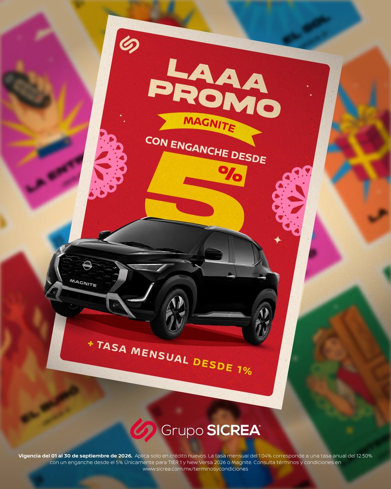 Promoción SICREA en Nissan Magnite: enganche desde 5%. Vigencia del 1 al 30 de septiembre de 2026.